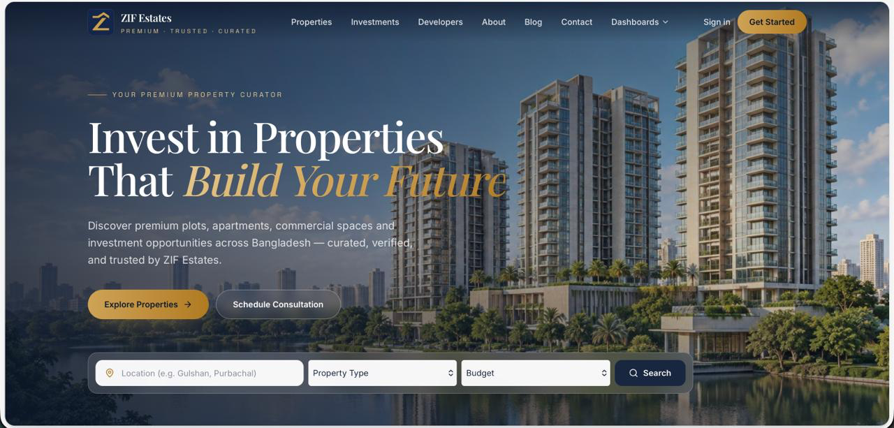 Property website interface design with residential buildings and location, property type and budget search.