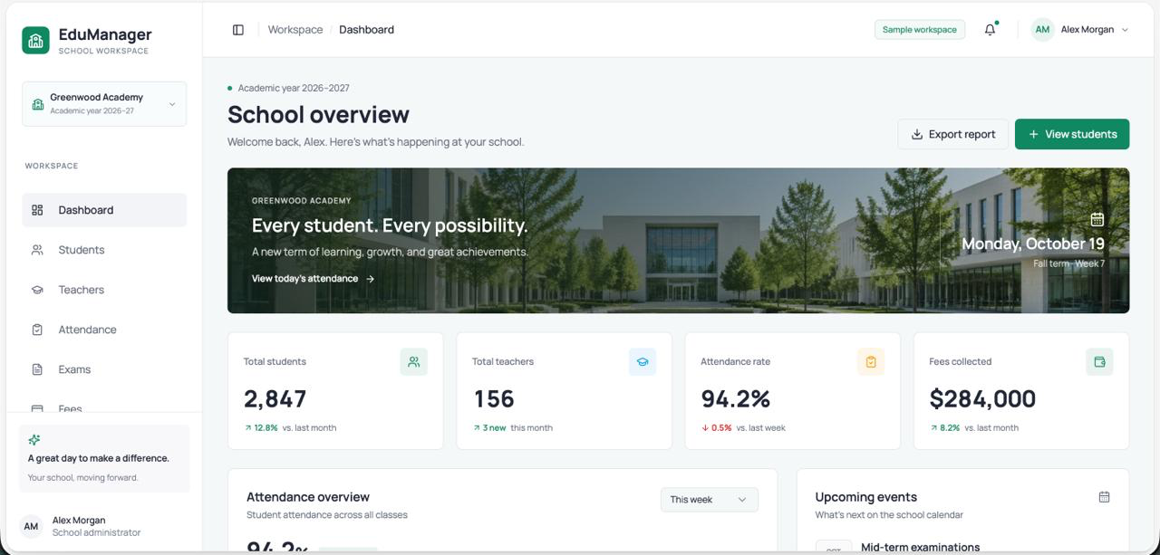 School administration interface design with student and teacher records, attendance summaries and academic overview.